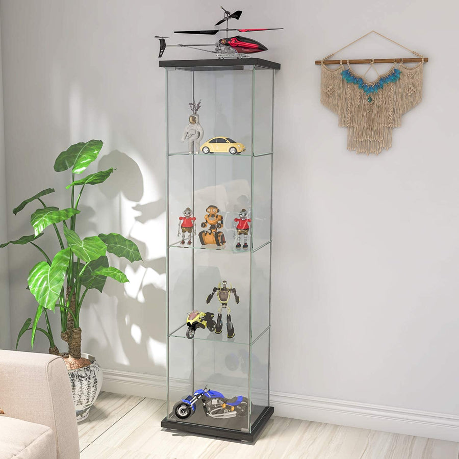 Glass Cabinet-b Glass Display Case Cabinet 4 Shelves with Door, Floor Standing Curio Bookshelf  64” x 17”x 14.5”, Black