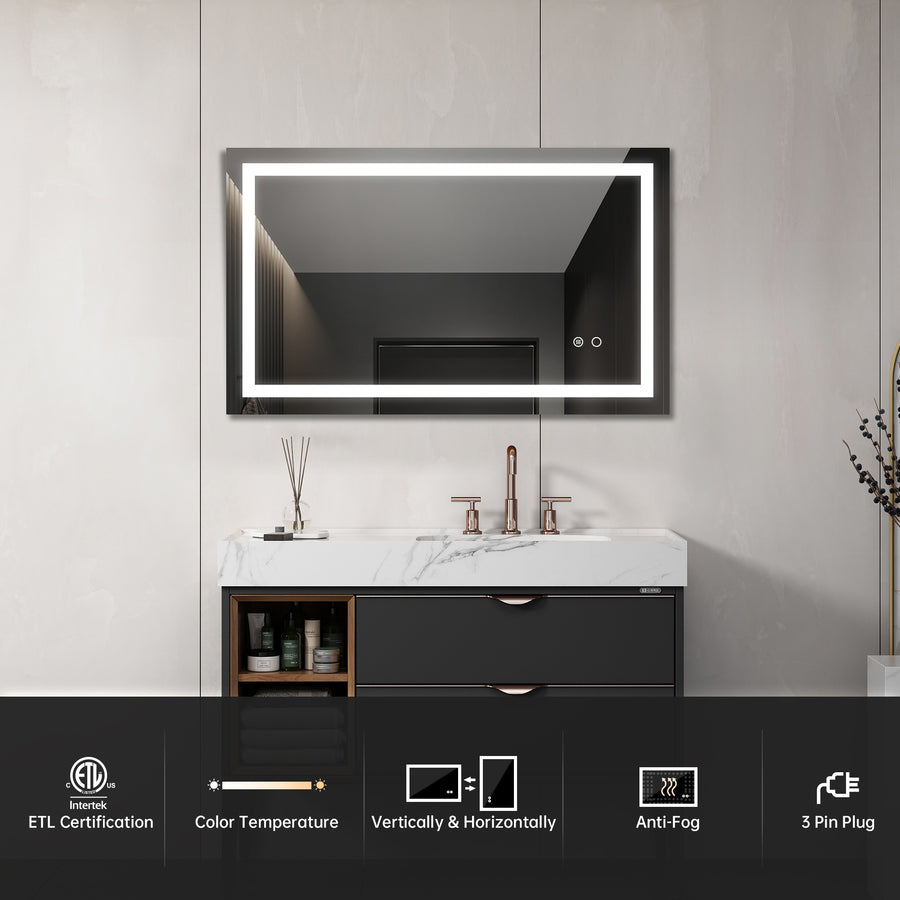 LED Lighted Anti-Fog Bathroom Vanity Mirror – Wall-Mounted with Dimmer, Adjustable Color Temperature, Touch Controls
